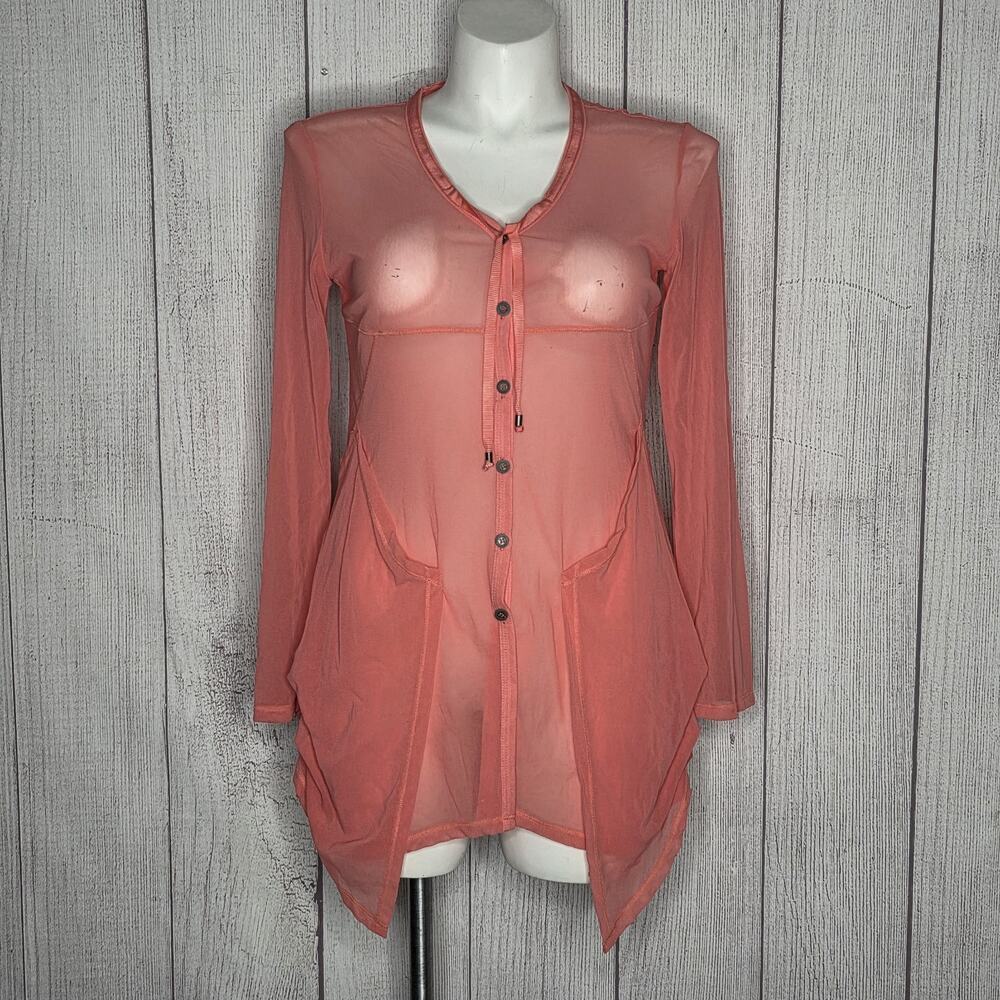 Joseph Ribkoff Size 10 Sheer Mesh Tunic Top Coral Asymmetrical Hem Canada